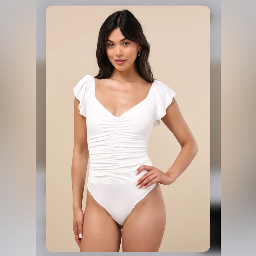 LULUS A Little Bit Of Love Ivory Ruched Flutter Sleeve Bodysuit